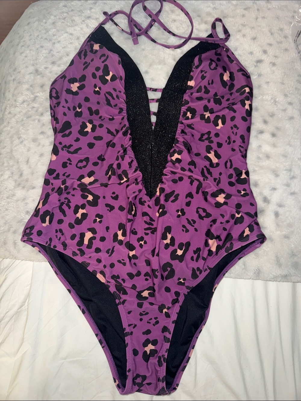 Cupshe Purple Leopard Print One-Piece Swimsuit with Black Trim